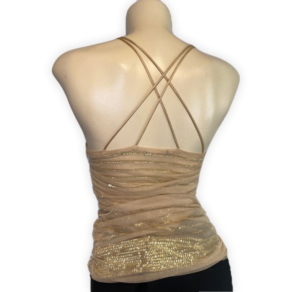 Gold fully Sequined Mesh Tank Top with Spaghetti Straps Drape Neckline • Size XS - Picture 7 of 8